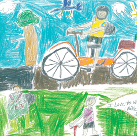 Child's drawing of children walking and biking to school